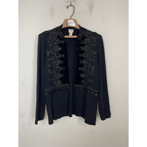 Chico's Sweaters - Chicos Black Beaded Lace Velvet Open Front‎ Cardigan Sweater Petite 3P